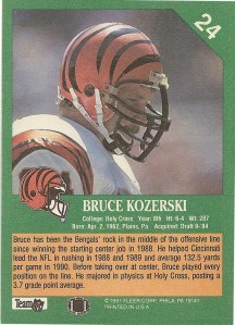 Bruce Kozerski Cincinnati Bengals 1991 Fleer No. 26 back