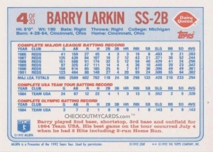 Barry Larkin 1992 Topps Dairy Queen Team USA No. 4 back