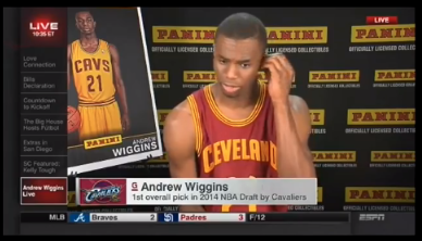 Andrew Wiggins with another Panini rookie card during what turned out to be an awkward ESPN interview. Photo: Deadspin 